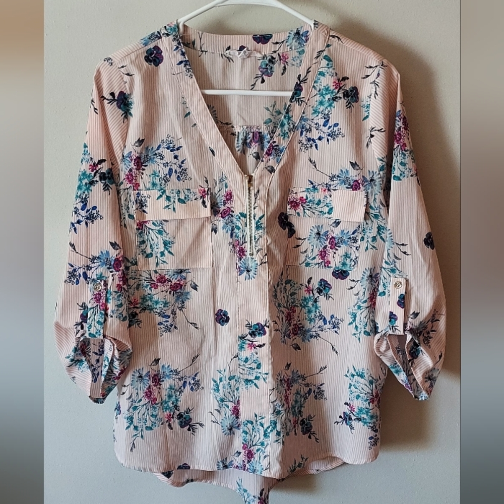 Vintage 90s Grandmacore A'GACI Pink Striped Floral Hi-Lo Blouse V-Neck Size M